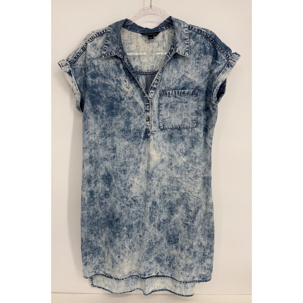 Rock & Republic Womens Acid Wash Denim Shirt Dress Blue Short Sleeve Sz M